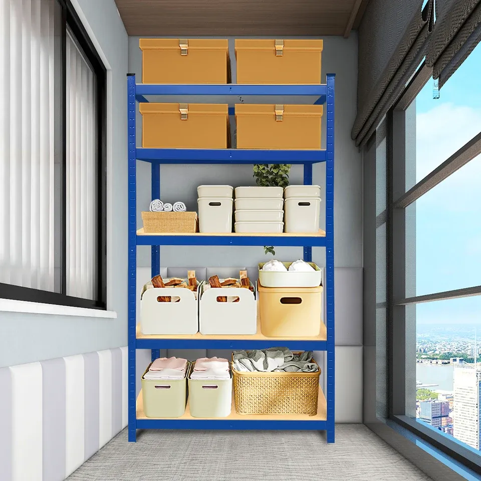 A blue five-tier boltless shelving unit holding storage boxes