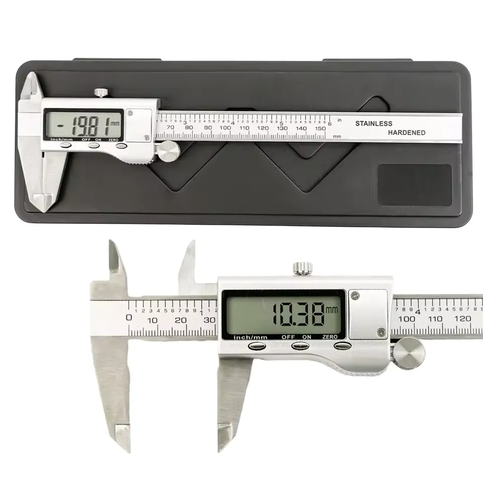 A stainless steel digital caliper with a measurement on its LCD