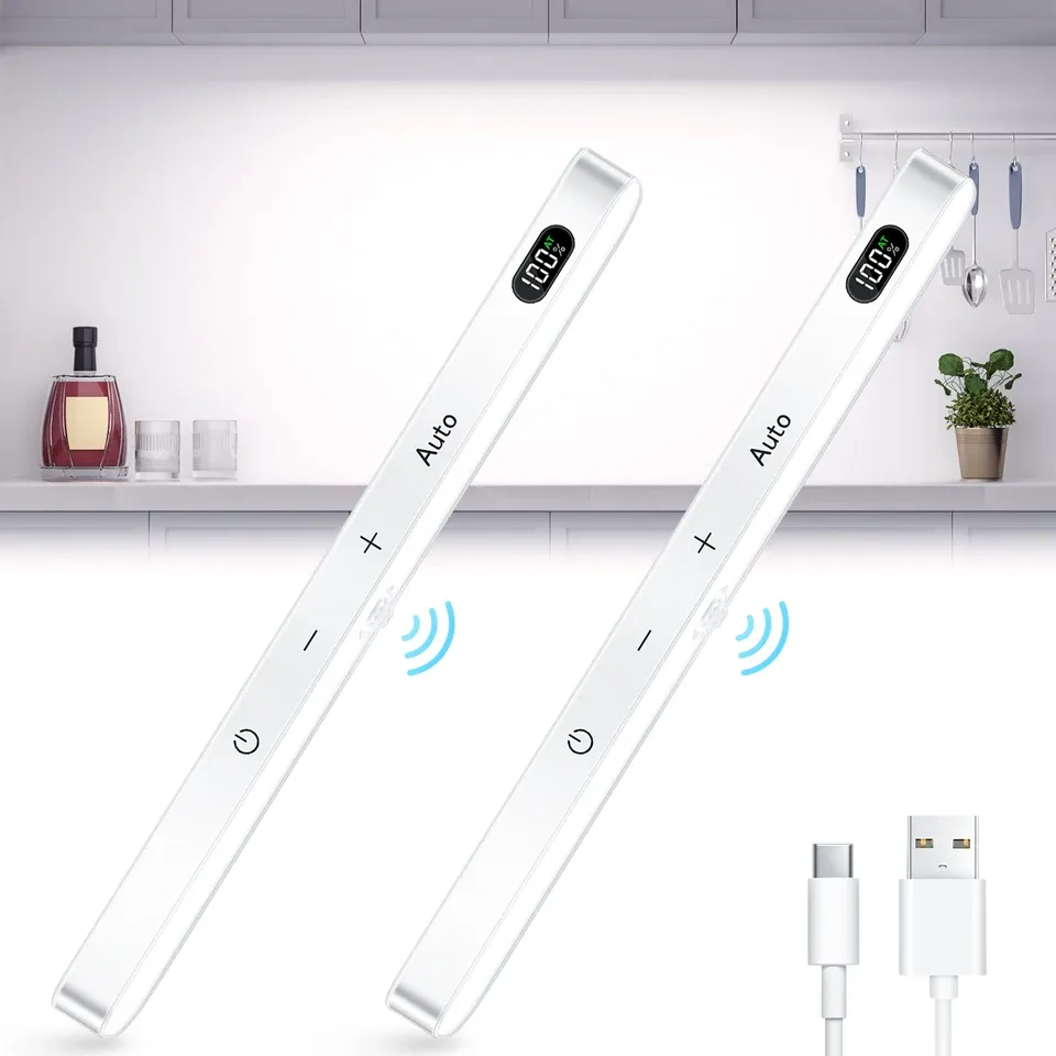 Two slim white rechargeable LED light bars with touch controls and a USB-C cable