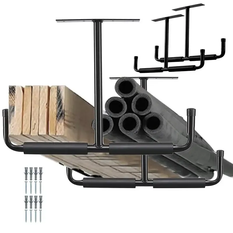 Two black T-shaped ceiling racks holding lengths of timber and pipe, with fixings