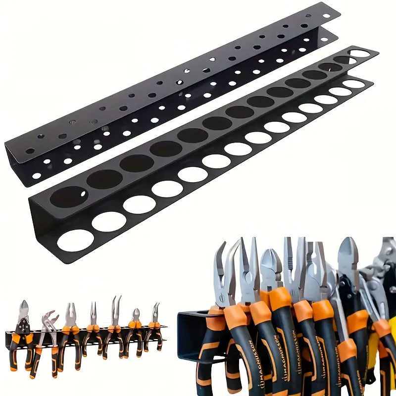 A black steel wall rail holding screwdrivers above a row of pliers